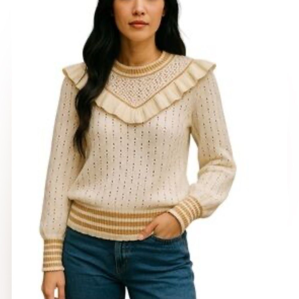 Broadway 38 Cream Ruffle Yoke Pointelle Knit Sweater Size M EUC